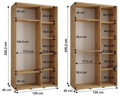 Šatní skříň Olinka 2 130 (hloubka 45 cm) - bílá + Artisan + zrcadlo