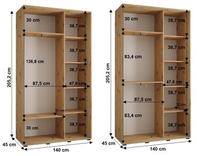 Šatní skříň Sofinka 2 140 (hloubka 45 cm) - Artisan + bílá + zrcadlo