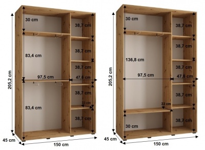Šatní skříň Sofinka 2 150 (hloubka 45 cm) - Artisan + bílá + zrcadlo