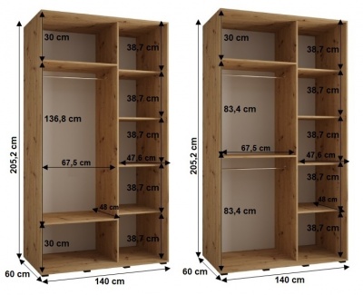 Šatní skříň Sofinka 2 140 (hloubka 60 cm) - Artisan + bílá + zrcadlo