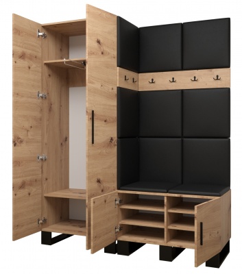 Předsíňová stěna Tina dub Artisan + černá EKO kůže - Sestava 2
