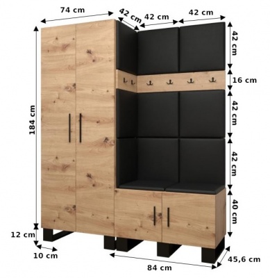 Předsíňová stěna Tina dub Artisan + černá EKO kůže - Sestava 2