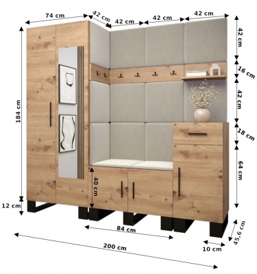 Předsíňová stěna Tina dub Artisan + bílá EKO kůže - Sestava 13