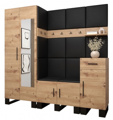 Předsíňová stěna Tina dub Artisan + černá EKO kůže - Sestava 13