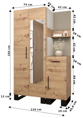 Předsíňová stěna Tina dub Artisan + černá EKO kůže - Sestava 16