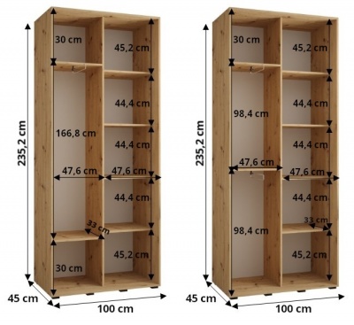 Šatní skříň Olinka 2 100 (hloubka 45 cm) - černá + černá + zrcadlo