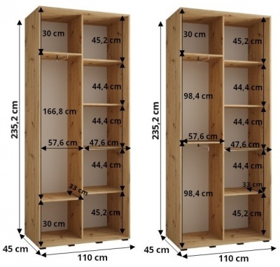 Šatní skříň Olinka 2 110 (hloubka 45 cm) - Artisan + černá + zrcadlo