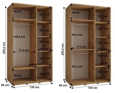 Šatní skříň Sofinka 2 130 (hloubka 60 cm) - bílá + černá + zrcadlo